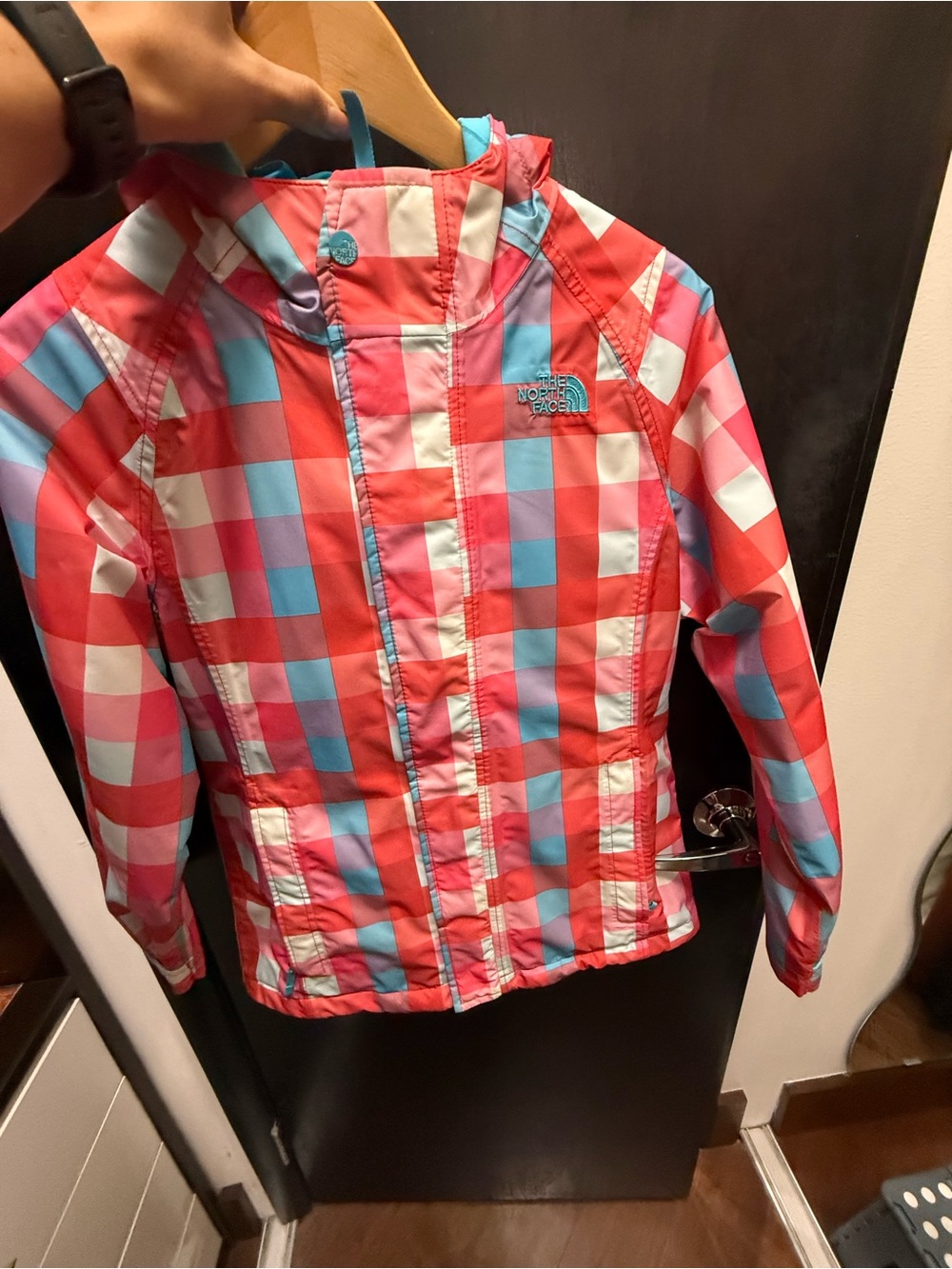 The North Face Girls' Plaid Hooded Jacket - Coral, Sky Blue & White